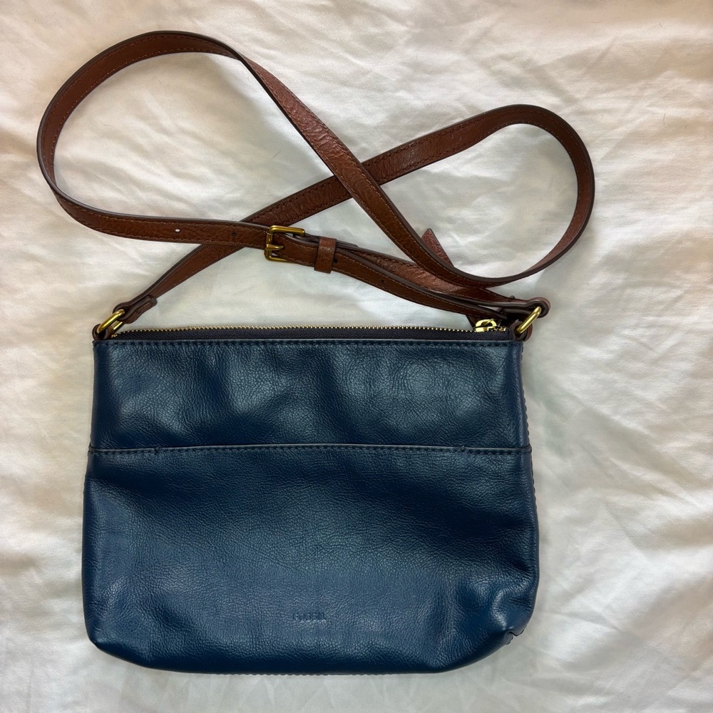 Fossil Fiona Navy Blue Leather Crossbody Bag with Brown Strap